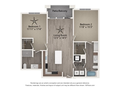 Floor plan for 2 beds, 2 baths, 1126 sqft
